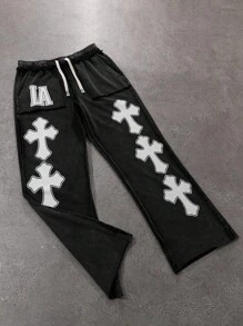 PAVTROS Quần nỉ nam 1 chiếc, quần nỉ cổ điển màu đen với chữ "LA" màu trắng in đậm. Ống quần bên trái được trang trí chữ trắng, họa tiết chữ thập Gothic, thẳng hàng theo chiều dọc. Tính bao hàm cao, bán chạy trên INS, phong cách đường phố trẻ trung, thoải mái, đi làm hàng ngày, kỳ nghỉ trở lại trường, quà tặng lý tưởng cho bạn trai và chồng, quần nỉ nam kiểu chữ thập Goth, quần nỉ nam Y2K, quần nỉ LA - màu đen - Xem 3