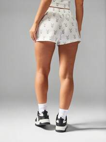Missguided x Playboy Bunny Print Jogger Shorts High Waisted Elastic Drawstring Summer Lounge Comfortable Casual Beach Festival Wear Relaxed Fit Bottoms - Black and White - View 2
