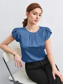 SHEIN BIZwear 女士纯色圆领褶裥装饰蝙蝠袖宽松短袖衬衫，优雅办公休闲衬衫，女士基础款上衣 - 藍色 - 查看 2