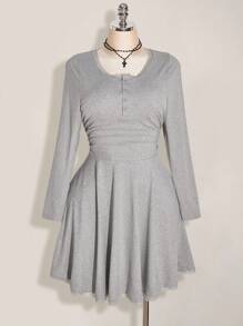 SHEIN ICON Casual All-Match Gray Lace Patchwork Slim Short-Sleeved A-Line Waist Pleated Slim Dress, Back To School Outfit, Y2k, College Style Grey Dress Women Casual Dress Collared Dress Lace Trim Dress Long Sleeve Dress - Grey - View 3