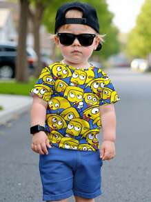 SHEIN Yellow Kids Casual Simple Round Neck Short Sleeve Shorts 2 Pieces Set, Suitable For Summer - Multicolor - View 1