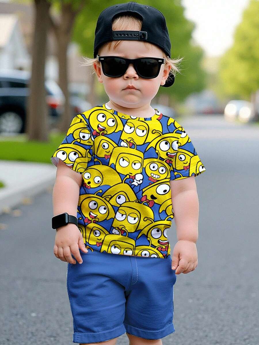 SHEIN Yellow Kids Casual Simple Round Neck Short Sleeve Shorts 2 Pieces Set, Suitable For Summer - Multicolor - View 1