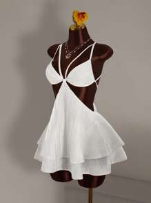 Amplova Women's Solid Color Minimalist Cropped Waist Mini Dress, Casual Everyday Wear White Ruffle Dress,Party Dress