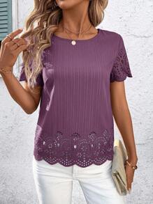 SHEIN Clasi Women's Casual Scoop Neck Short Sleeve Printed Shirt, Spring/Summer - Purple - View 3