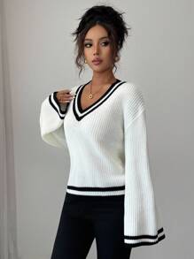 Elenzga Women's V-Neck Contrast Color Flare Sleeve Casual Versatile Holiday Elegant Knit Sweater Top, Suitable For Spring, Autumn And Winter - Apricot - View 3