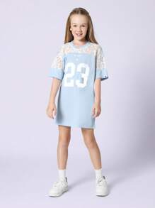 SUMWON Lace Panel Jersey T-Shirt Dress Number 23 Sports Style Varsity Loose Fit Casual Spring Summer Daily Wear Youth Fashion Comfortable Streetwear - Multicolor - View 5