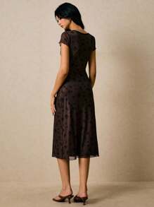 Poéselle Women's Elegant Floral Print Mesh Midi Dress, Summer ,Fall Wedding Guest Dress - Brown - View 3
