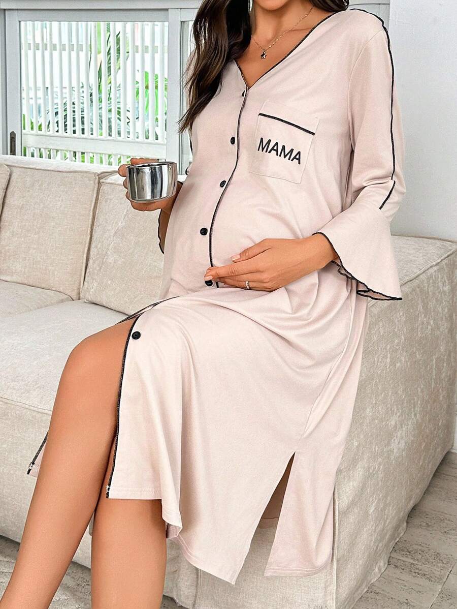 Moonlight&Mama 孕妇撞色滚边睡袍，喇叭袖，七分袖，前口袋，字母印花，家居服，秋冬季，舒适装扮 - 杏色 - 查看 1
