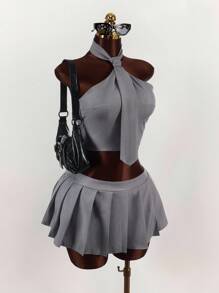 Amplova 女式性感纯色露背吊带上衣和百褶迷你裙两件套，夏季 - 灰色 - 查看 9
