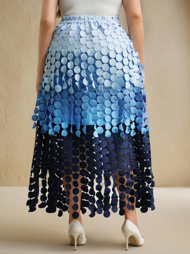 Ladies' Plus Size Spring/Summer Polka Dot Tassel Romantic And Stylish Blue Multi-Color Skirt