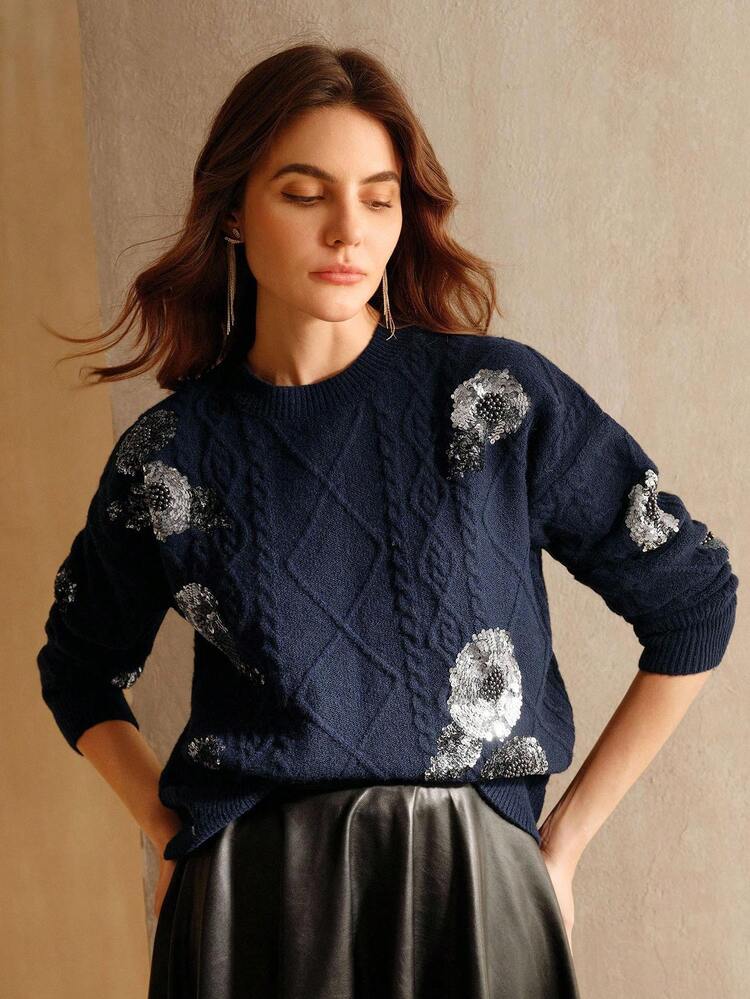 Elegant Embroidered Floral Crewneck Sweater, High-End Fashion, Warm And Graceful, Autumn/Winter