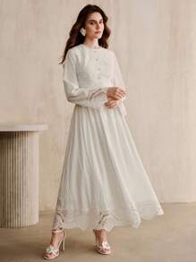 Anewsta 女装秋季温柔风白色修身显瘦重工白色长袖连衣裙 - 白色 - 查看 5