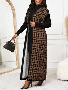 SHEIN Lady CURVE 棕色千鸟格撞色条纹开衫外套女背心上衣春夏秋季百搭单品大码夹克 - 棕色 - 查看 7