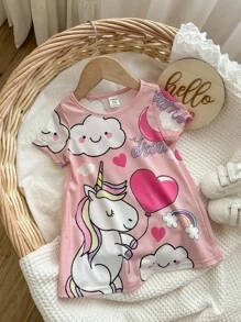 Baby Girl Cute Cartoon Print Short Sleeve Mid-Length Nightgown, Summer - Pink - View 5