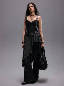 ROMWE EDITION 做旧 Y2K 复古哥特十字串珠拼接不对称下摆女式连衣裙（配腰带） - 黑色 - 查看 7