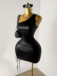 Mistrie Women's Sexy Nightclub Party PU Leather Side Lace-Up Bodycon Mini Dress - Black - View 8