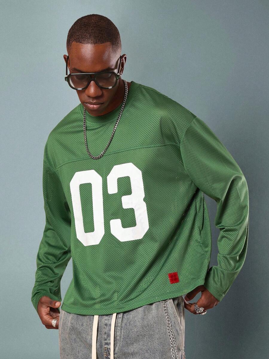 SUMWON Oversized Mesh Trikot Langarm Varsity T-Shirt mit Nummer 03 Aufdruck, Streetwear Stil Frühjahr Herbst Kollektion