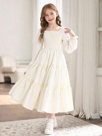 Tween Girls Solid Square Collar Puff Sleeve Shirred Waist Flounced Hem A-Line Dress, Elegant & Sweet French Style,Back To School Clothes