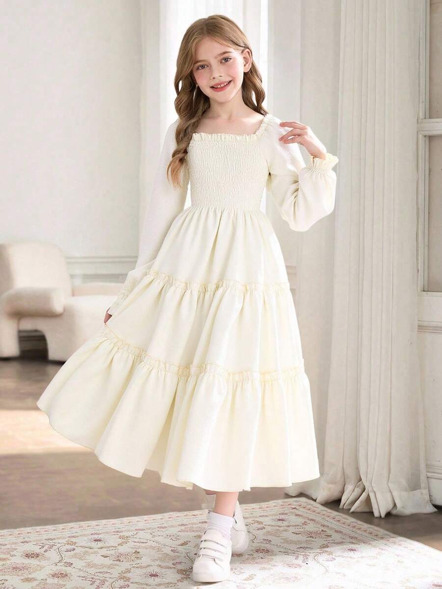SHEIN Tween Girls Solid Square Collar Puff Sleeve Shirred Waist Flounced Hem A-Line Dress, Elegant & Sweet French Style,Back To School Clothes Fall Winter