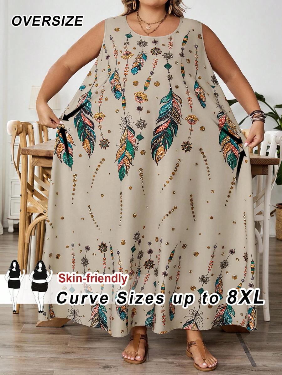 SHEIN CURVE+ Plus Size Women's Sleeveless Floral Print Dress, Summer,Holiday Outfits For Womenfall Clothes For Women,Winter,CURVE PLUS - Multicolor - View 1