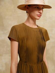 Revavyn Đầm suông nữ chất liệu cotton dệt trơn sọc cổ tròn tay ngắn cạp chun, viền loe, thanh lịch, thích hợp mặc khi hẹn hò, đi nghỉ, dã ngoại, đi làm vào mùa hè và mùa thu - Màu xanh Ô liu - Xem 2