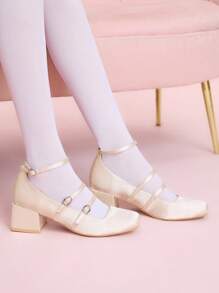 CUCCOO DOLLMOD 香槟色缎面扣方头玛丽珍高跟鞋，浪漫约会之夜鞋，圣诞节、春秋季时尚单品 - 香檳色 - 查看 4