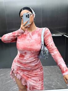 SHEIN EZwear Plus Size Women's Party Wear Party Wear Asymmetric Hem Slit Lotus Leaf Dress,Summer Dresses For Women,Fall,Winter,Country Concert Outfit,Rave,Casual,Tie-Dye,Night Out Outfit