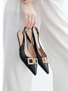 CUCCOO BIZCHIC 女士新款方扣尖头低跟平跟奇特鞋跟通勤风格百搭舒适黑色女士平底一脚蹬鞋，适合工作装 - 黑色 - 查看 5