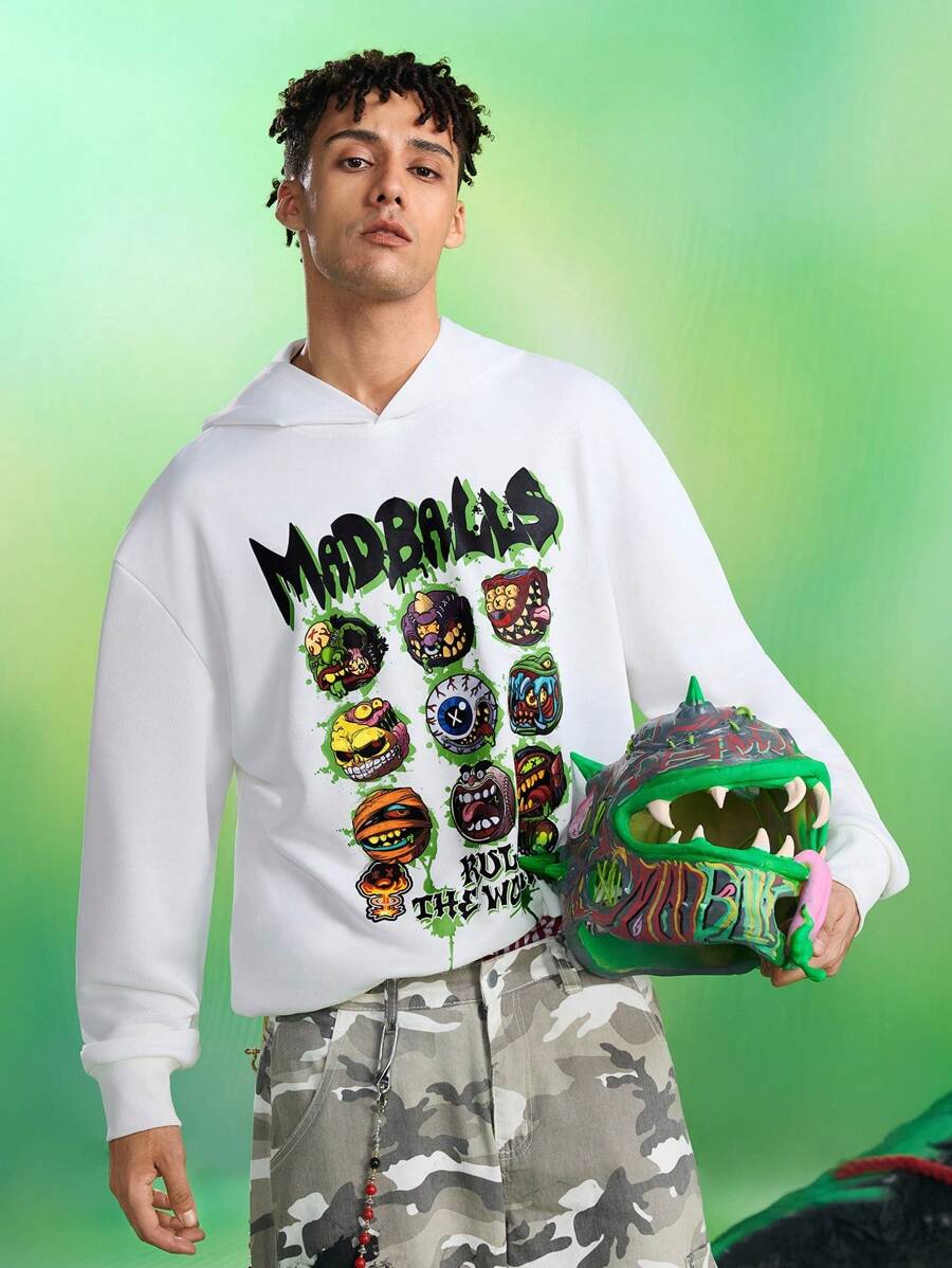 MADBALLS X SHEIN Áo hoodie họa tiết hoạt hình và chữ cái thường ngày dành cho nam - trắng - Xem 1