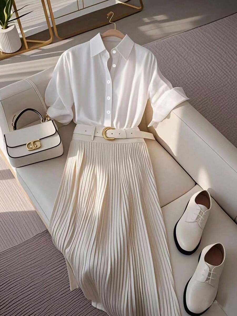 Franclia Simple White Button Design Three-Quarter Sleeve Top Apricot Pleated Long Skirt Smart And Elegant Fresh And Elegant Business Casual Office Clothing Women's Two Pieces Summer Suit - Multicolor - View 1