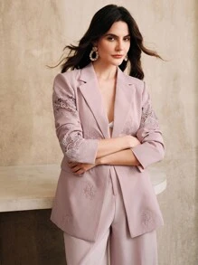 Anewsta Elegant Lace Embroidered Sheer Long Sleeve Women Blazer Jacket