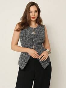 Auralis Chemise sans manches à boutons métalliques et ourlet fendu pour femmes grandes tailles, motif à carreaux - Noir - Voir 6
