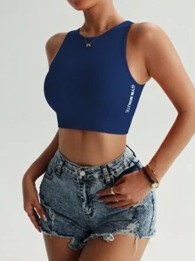 SHEIN Yoga Trendy 罗纹针织短款运动吊带上衣修身衬衫运动背心 - 藏蓝色 - 查看 5