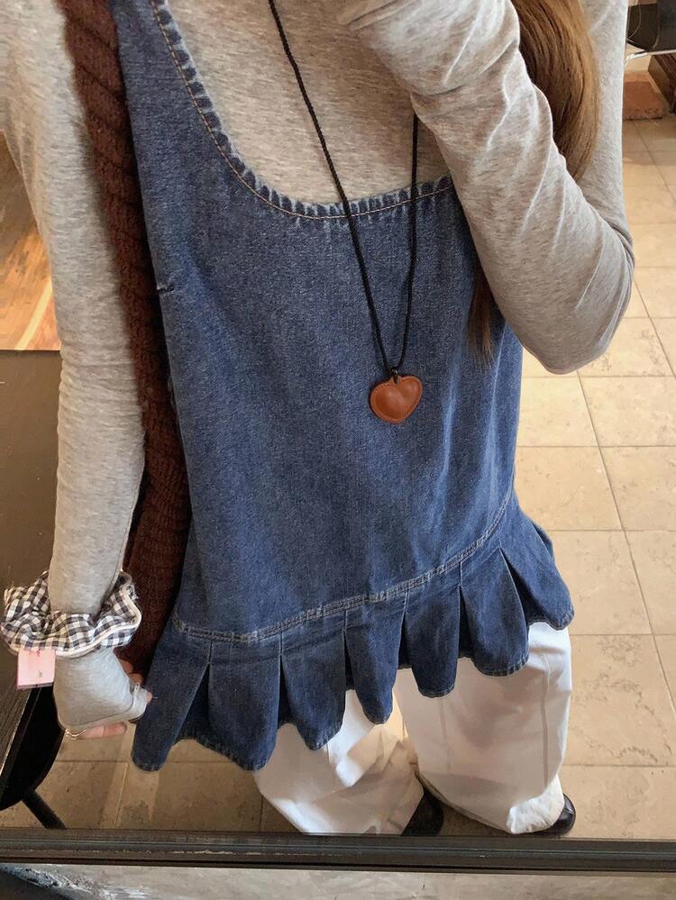 Women's Sleeveless Loose Casual Denim Blouse With Pleated Hem