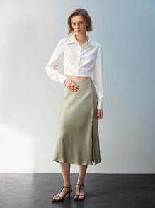 Maija Ladies' Solid Color Split Hem Casual Skirt - Green - View 3