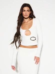 KIZN Long Sleeve Keyhole Cutout Crop Top With Gold Buckle Waist Fashion Statement Winter Fall Party Club Evening