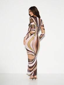 KIZN 复古波浪长袖网眼长裙抽象印花全长晚会秋冬修身及地长礼服