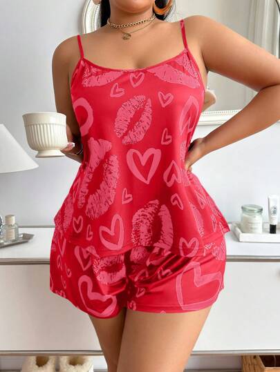SHEIN Plus Size Sexy Red Lip & Heart Print Camisole & Shorts Pajama Set