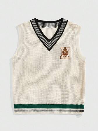 Street Life Men's Casual V-Neck College Striped Knit Vest With Letter Embroidery