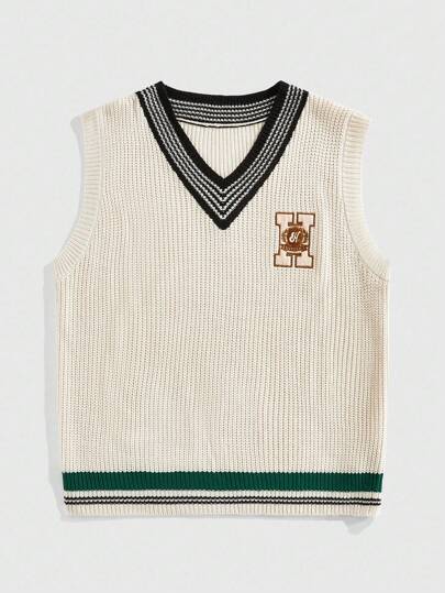 Prep Gilet casual da uomo a scollo a V con righe lavorato a maglia e ricamo a lettera
