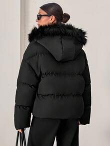 Women's Solid Color Long Sleeve Zipper Collar Faux Fur Hooded Winter Jacket - Black - View 2