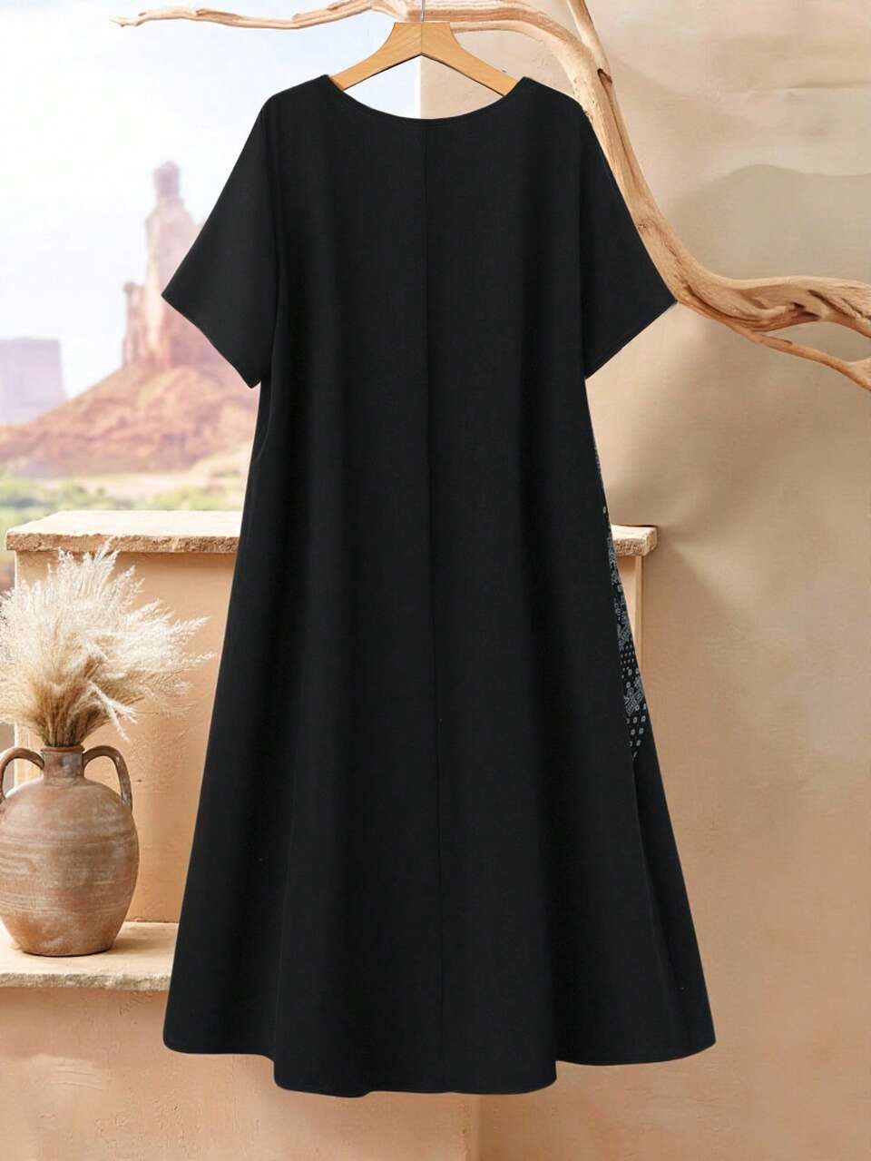 Plus Size Women's Black And White Patchwork Print Round Neck Short Sleeve Asymmetrical Casual Boho Vacation Dress Spring Summer 2026