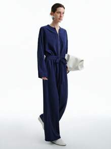 Aalyst Women's Linen-Like Casual Minimalist Vintage Coin Pattern Elastic Waist Long Sleeve Jumpsuit With Pockets, Early Autumn Fall Cloth For Women - Navy Blue - View 6