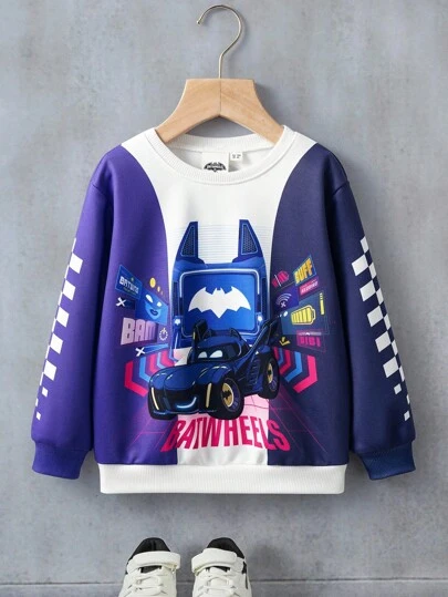 Batwheels X SHEIN Young Boy Cartoon Pattern Colorblock Pullover Sweatshirt Boys Graphic Sweatshirt Boys Cartoon Sweatshirt Boys Sweatshirts