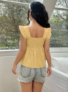 SHEIN Unity Blusa amarilla con textura de unicolor, fruncido en el pecho y cuello en forma de corazón con volante - Albaricoque - Ver 2