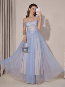 Poshira 优雅高端撞色蕾丝露肩晚礼服，奢华迷人主持人礼服 - 淺藍色 - 查看 3