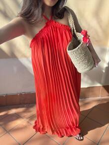 Sunnyshic 红色百褶设计高端欧美优雅浪漫沙滩度假倒V领荷叶边拼接挂脖露背连衣裙 - 紅色 - 查看 7