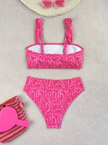SHEIN 2 件套女士夏季泳衣，随机颜色印花肩带上衣和高腰泳裤，海滩度假比基尼套装 - 玫紅色 - 查看 3