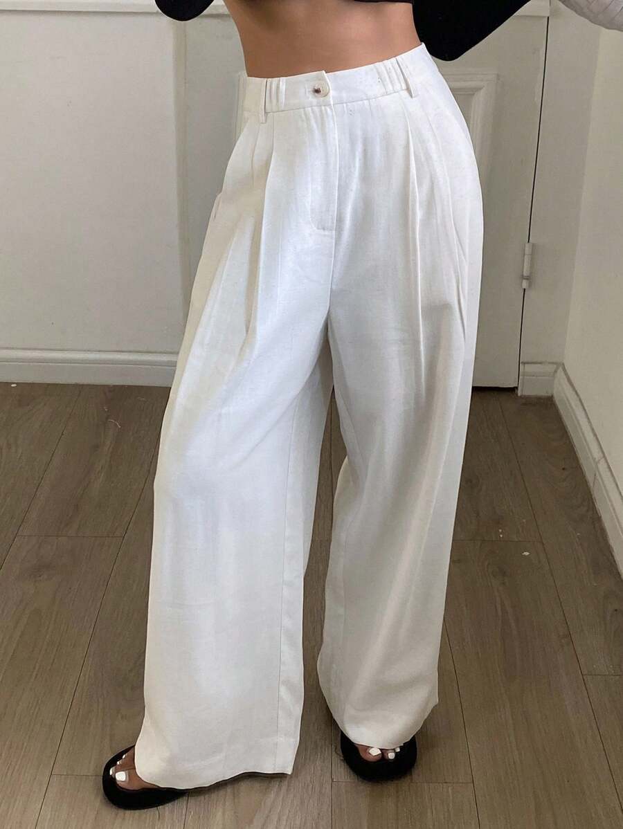 DAZY Women's Loose Linen Wide Leg Pants, Casual Trousers For Autumn - Beige - View 1