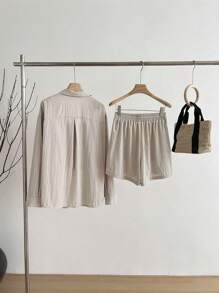 SHEIN Women 3pcs Set: Solid Drop Shoulder Loose Long Sleeve Shirt, Cami Top And Drawstring Waist Shorts, Spring/Summer - Multicolor - View 2